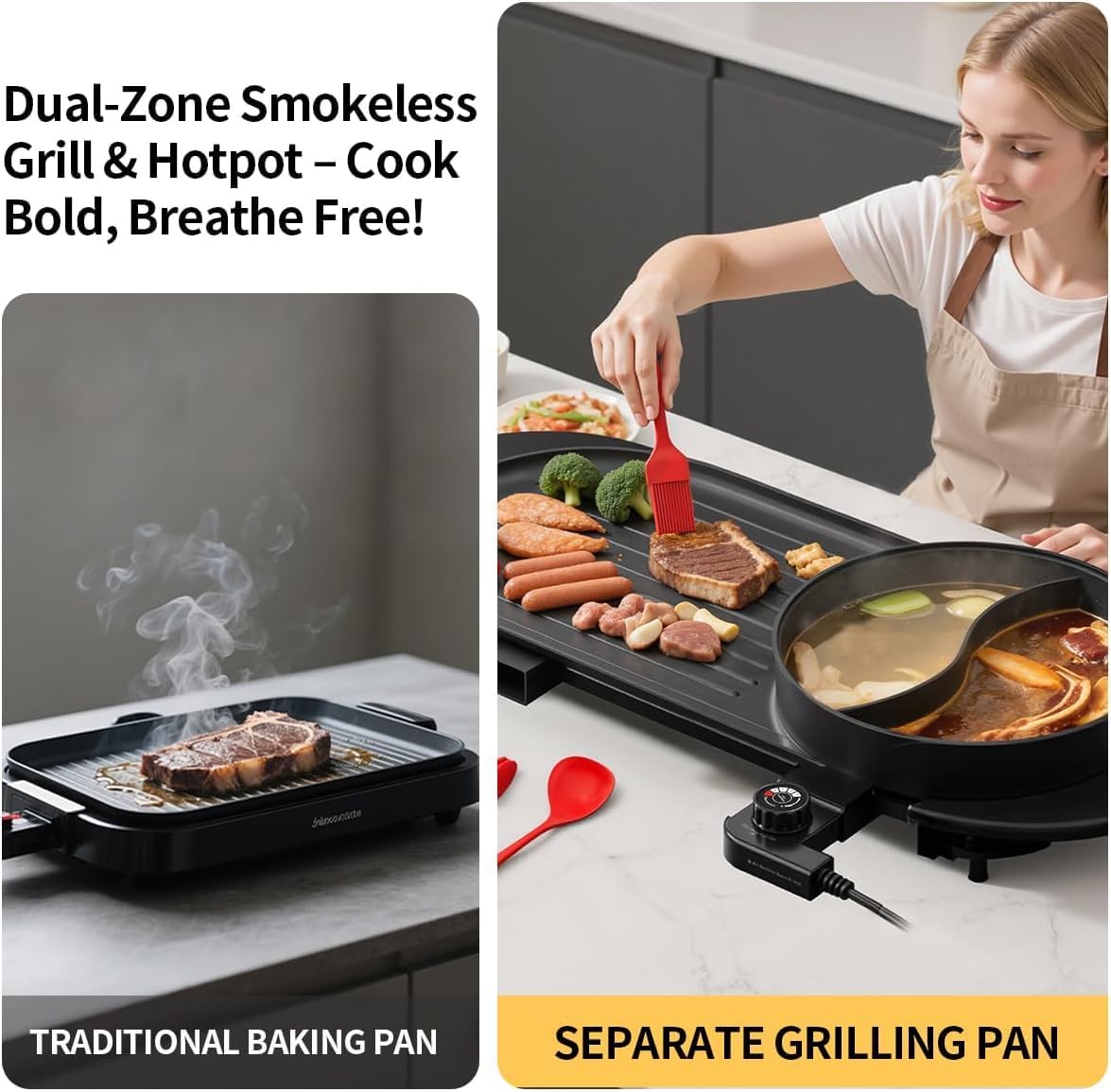 AORAN 2200W Electric Grill & Hot Pot Combo with Dual Zone Control - 26.6" Large Yin-Yang Nonstick Skillet, Indoor Smokeless BBQ Grill for Family Party, Adjustable Temperature & Easy Clean
