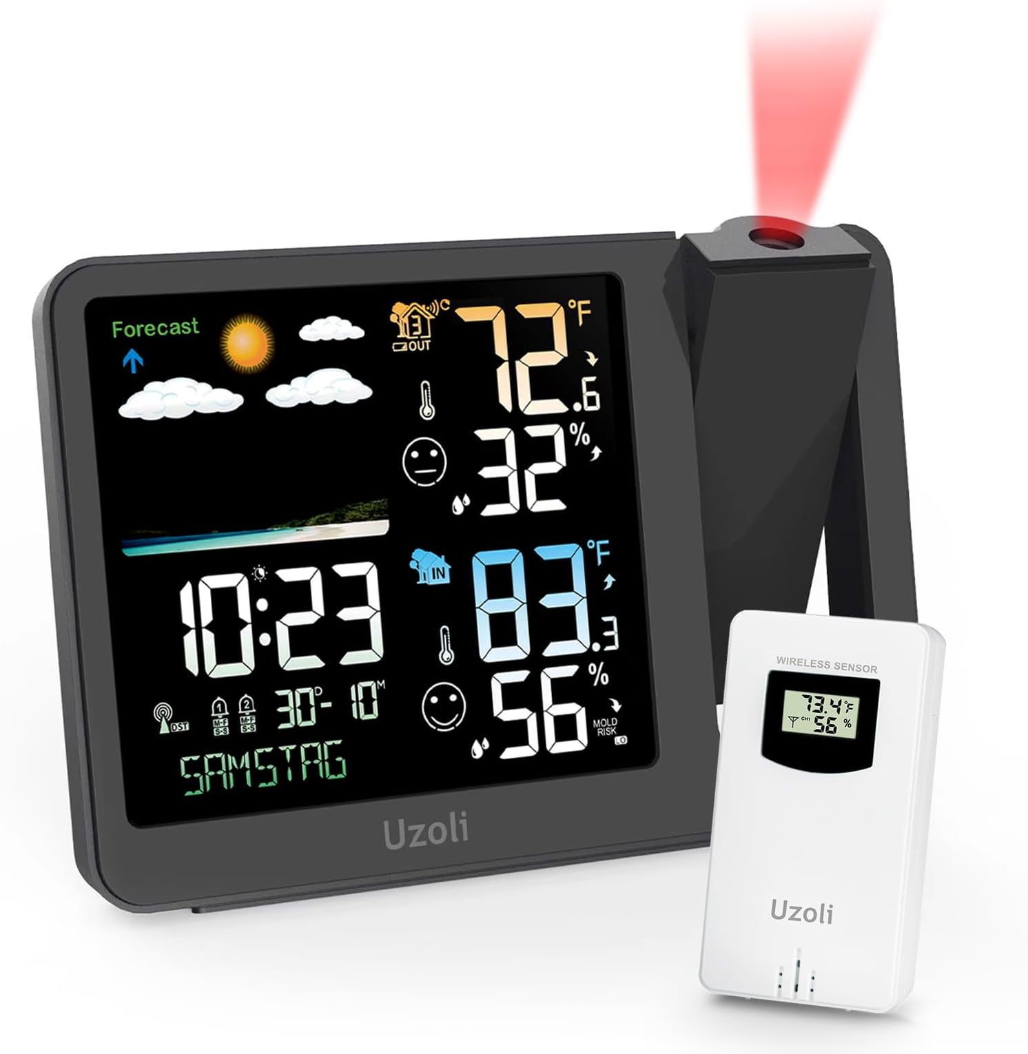 uzoli Projection Alarm Clock Weather Station, WWVB Atomic Projector Clock | Adjustable Backlight, Indoor Outdoor Temperature Humidity, Wireless Remote Sensor Included for Bedroom Ceiling