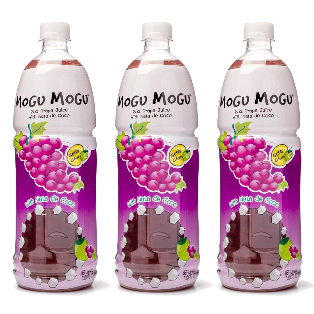[Pack of 3] [Free Measuring Spoon] Mogu Mogu Juice with Nata De Coco - 33.8 Fl Oz Large Family Size (Grape), 320 ml
