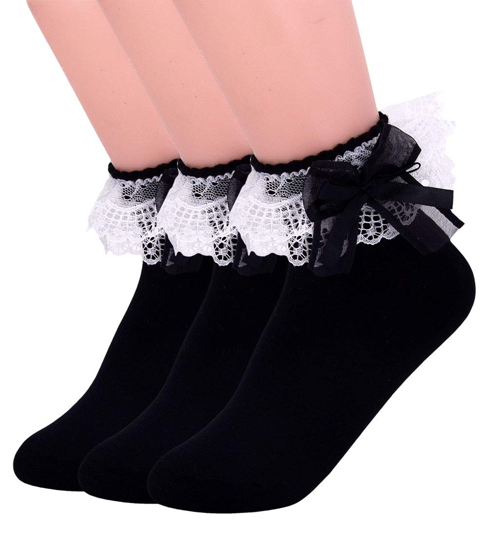 SEMOHOLLIWomen Ankle Socks, Cotton Lace Ruffle Princess Style Dress Socks, Women Lace Socks with a Bow on Top