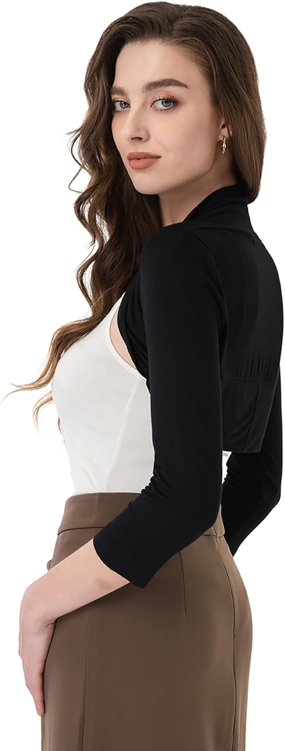 AmélieBoutik Women Ruched 3/4 Sleeve Bolero Shrug Cropped Open Front Cardigan Jacket - Image 2
