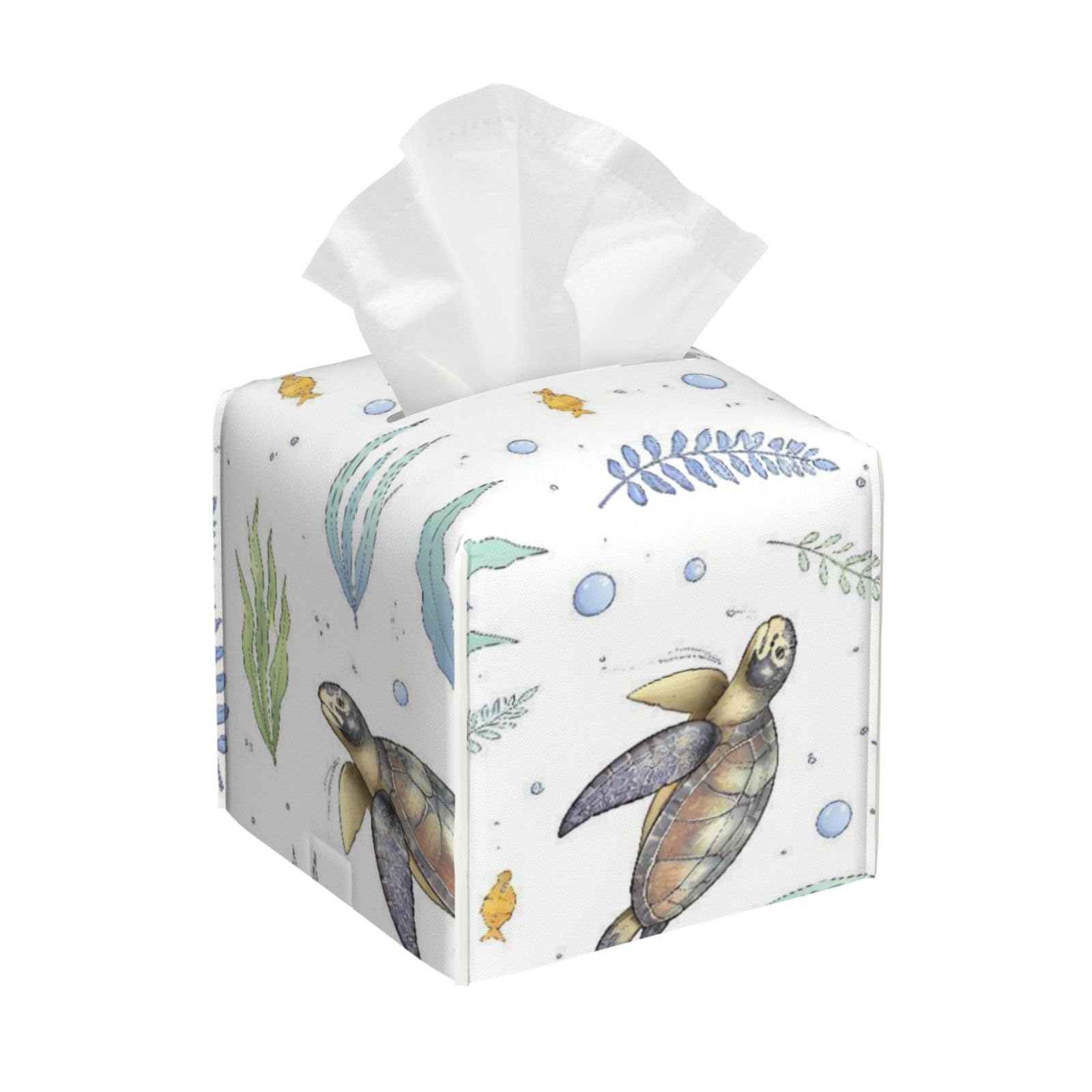 Sea Turtle Leather Tissue Box Cover Holder Square Facial Paper Organizer 5.2" X 5.2" X 5.2"
