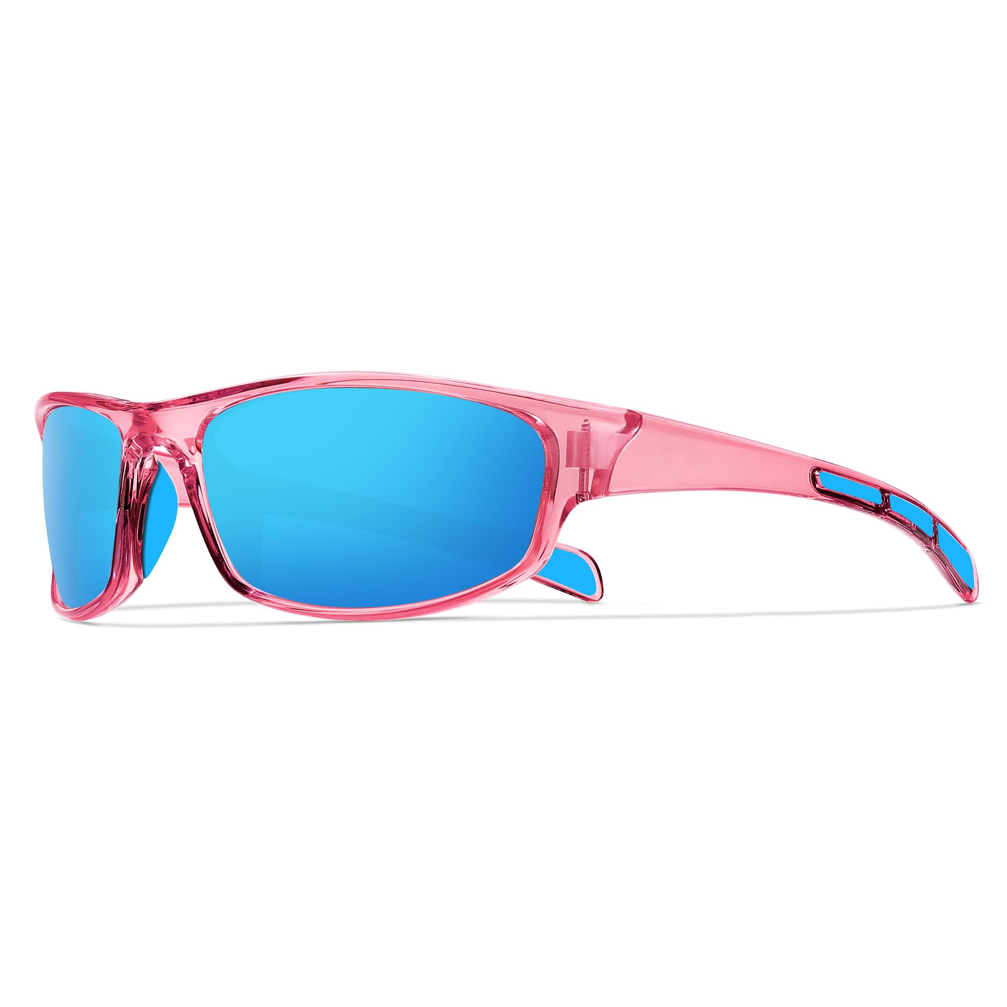 Ofwin Polarized Sports Sunglasses for Men Women Wrap Around Fishing Cycling Driving Running UV Protection, Transparent Pink Frame/Blue Mirrored Lenses, One Size
