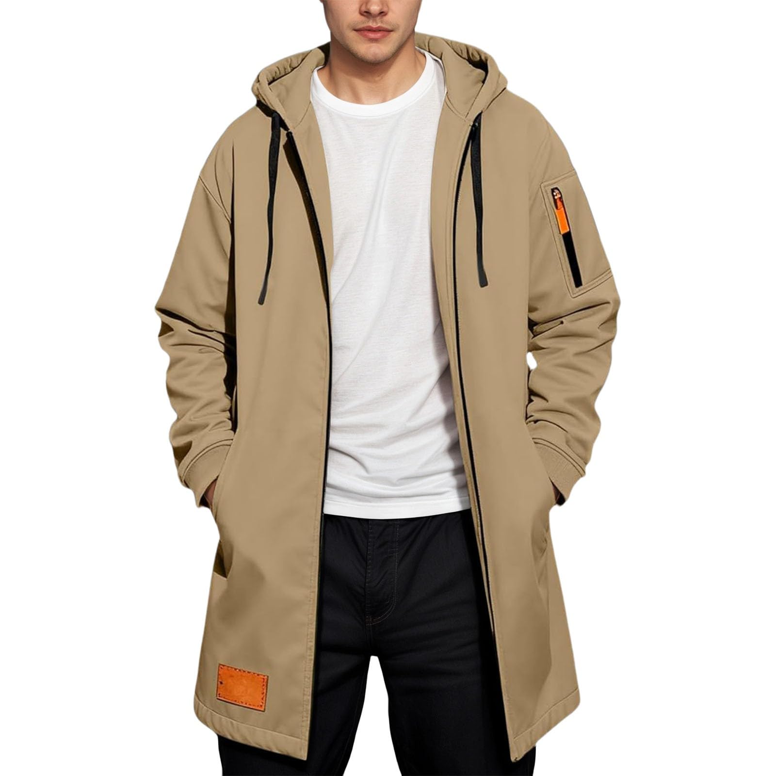 Bauzuoyo Trench Coat Men's Long Hooded Jacket with Zip Parka Autumn Winter Jacket Plain Transition Jacket Warm Winter Parka Thicker Wind Jacket Plain Leisure Jacket with Pockets, khaki, L