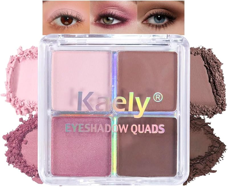 Kaely Powder Eyeshadow Quad, Pink Chocolate Matte Shimmer Eyeshadow Palette Makeup, Neutral Eye Shadow Palette for Older Women Pigmented Waterproof, sombras para ojos, Blendable, Cruelty-free, 14