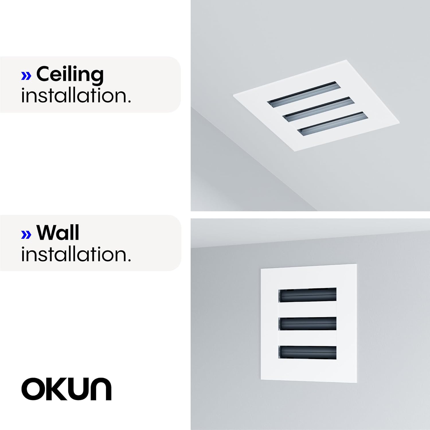 OKUN - Standard Linear Slot Diffuser - 6" x 6" Duct Opening Cutout - 8" x 8" Matte White AC Vent Cover - Concealed Design Register Grille for Ceiling/Walls - Decorative Air Vent