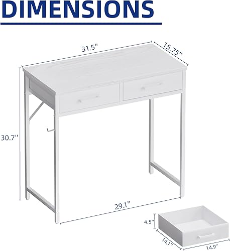 Miniatura 3 de Pamray Escritorio pequeño para computadora de 32 pulgadas con 2 cajones para dormitorio, estudio, escritura, mesa de oficina en casa para espacios