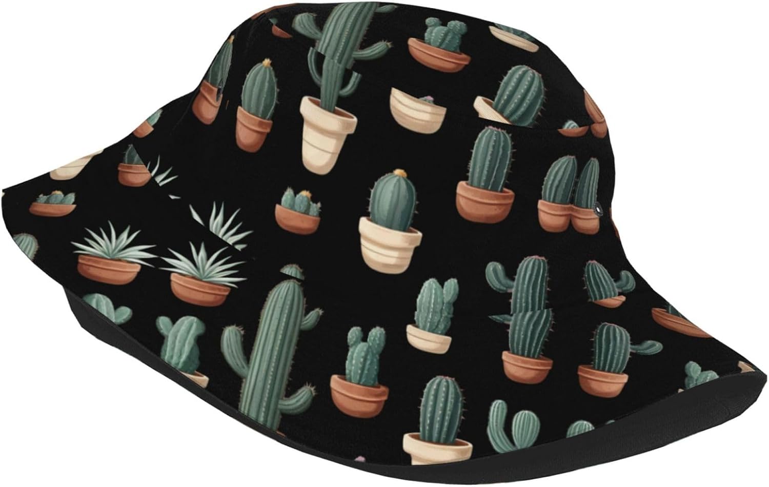 Potted Cactus Prints Summer Outdoor Travel Bucket hat, a Beach Sun hat Suitable for Both Men and Women Black