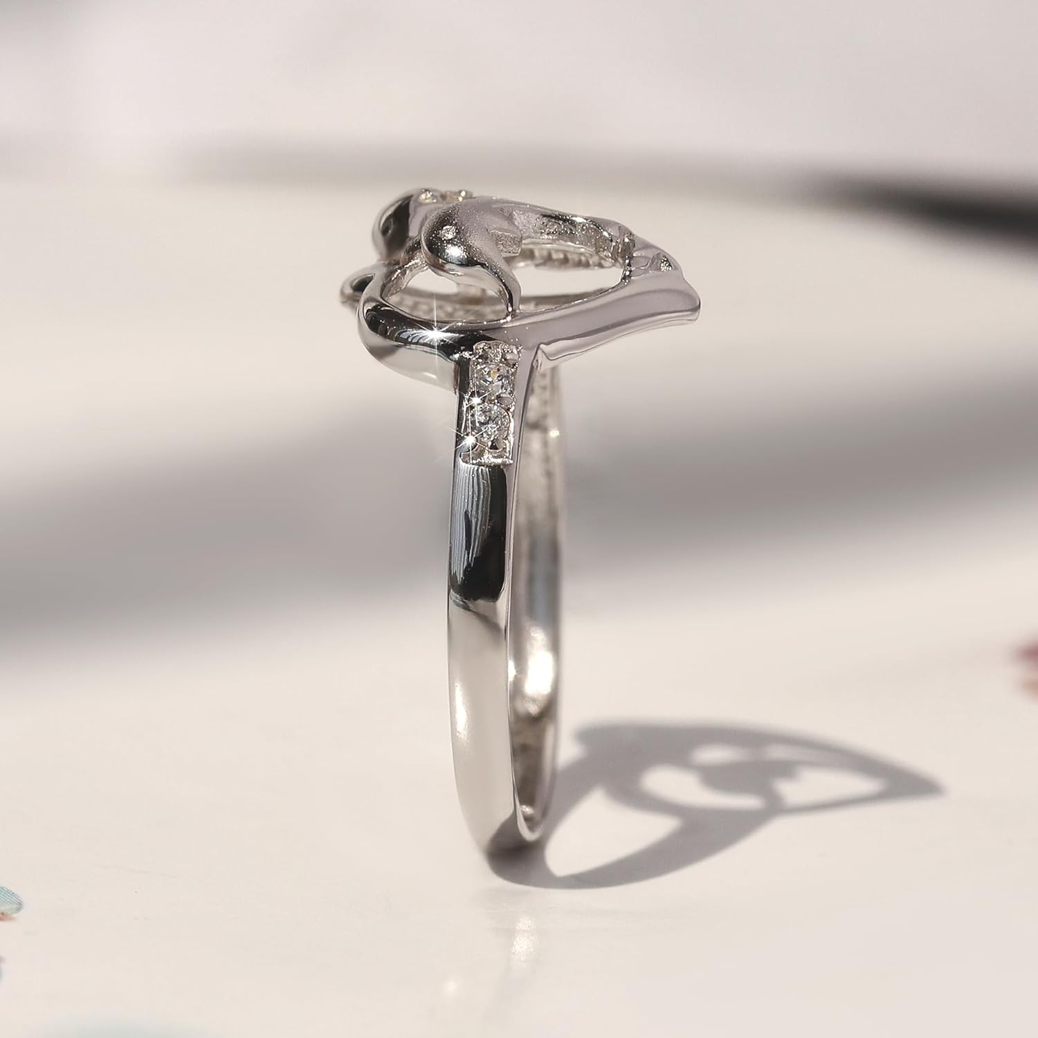 DoubleAccent Sterling Silver Dolphins Together Heart Promise Ring 12MM (Size 4 to 9)