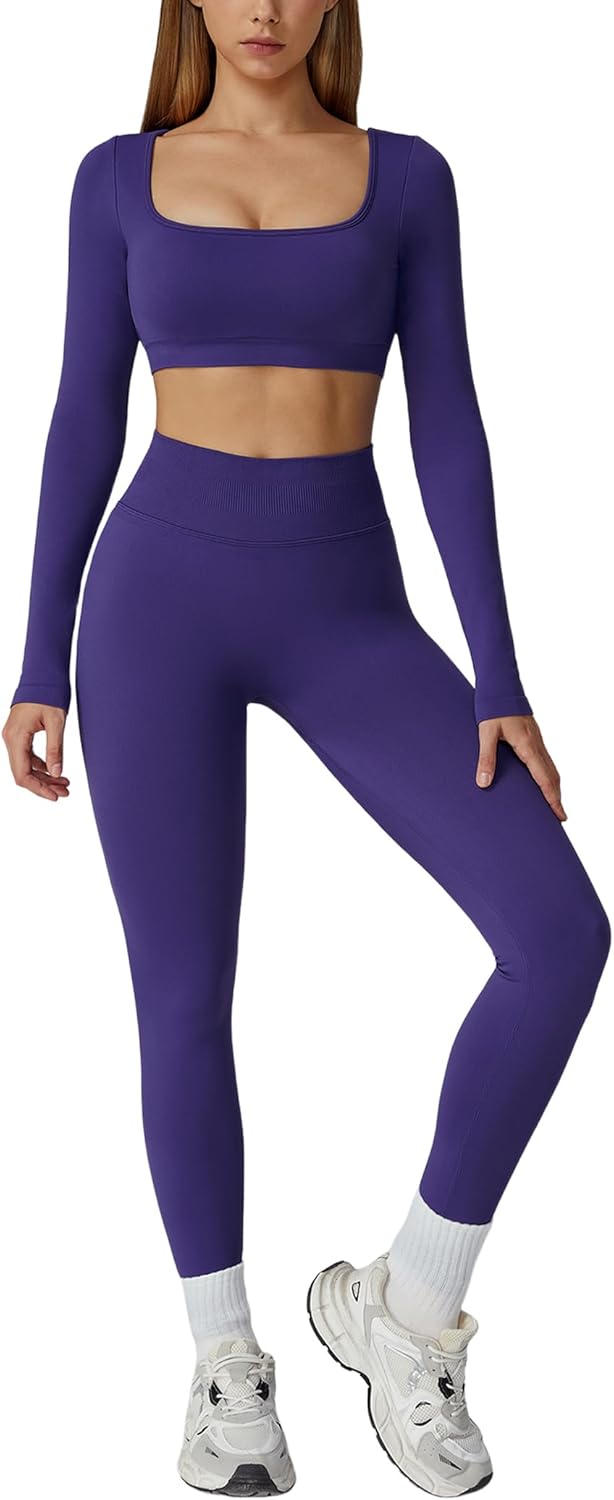 AGYMNX 2 Piece Workout Sets for Women Long Sleeve Backless Crop Top and Butt-lifting Leggings Jogger Athletic Gym Outfits
