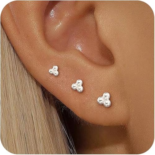3 Pairs 14k Gold Stud Earrings for Women Hypoallergenic 925 Sterling Silver Post Dainty Silver Cartilage Tragus Earrings Stacks Set Trendy Small Diamond Heart Multiple Piercing Jewelry for Men