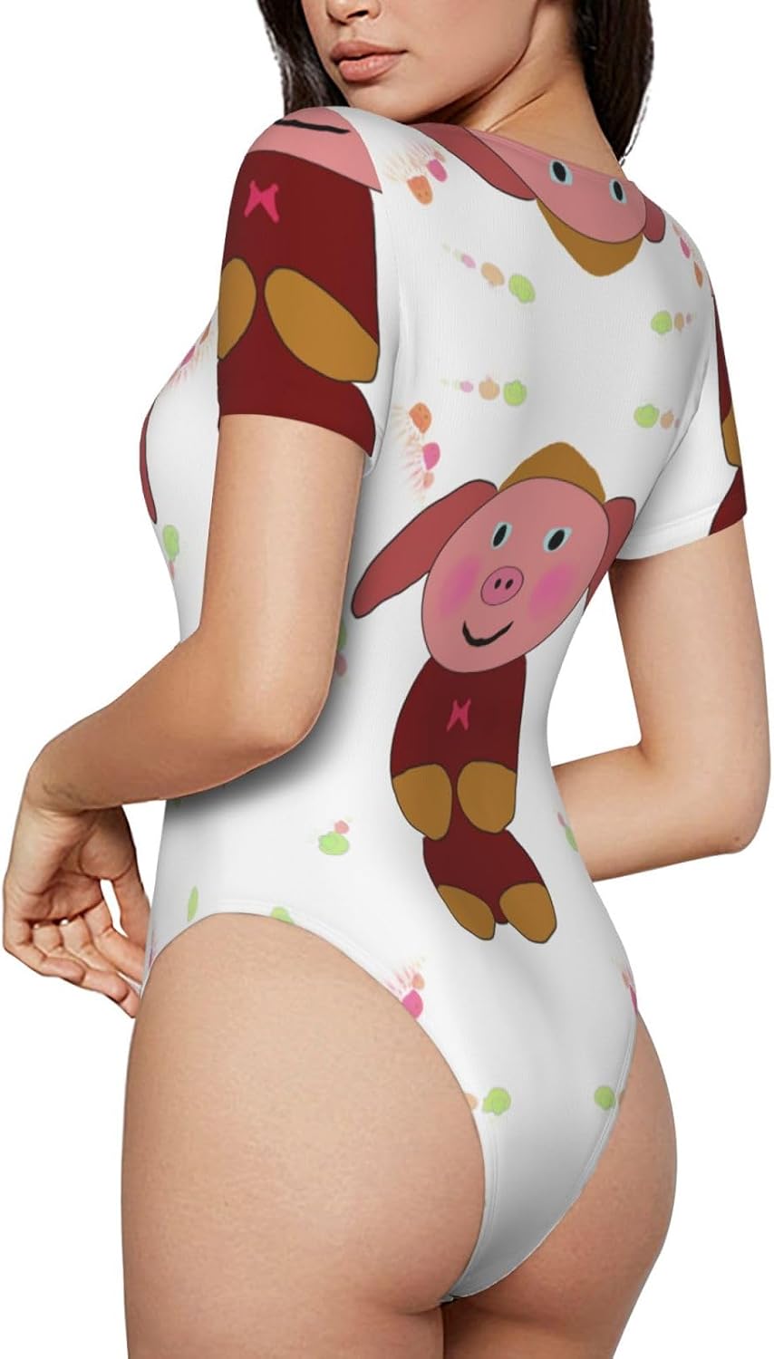 Happy cartoon pig XX-Large Pattern women's round-neck tights T-shirts - home leisure sportswear, sizes S-XXL,