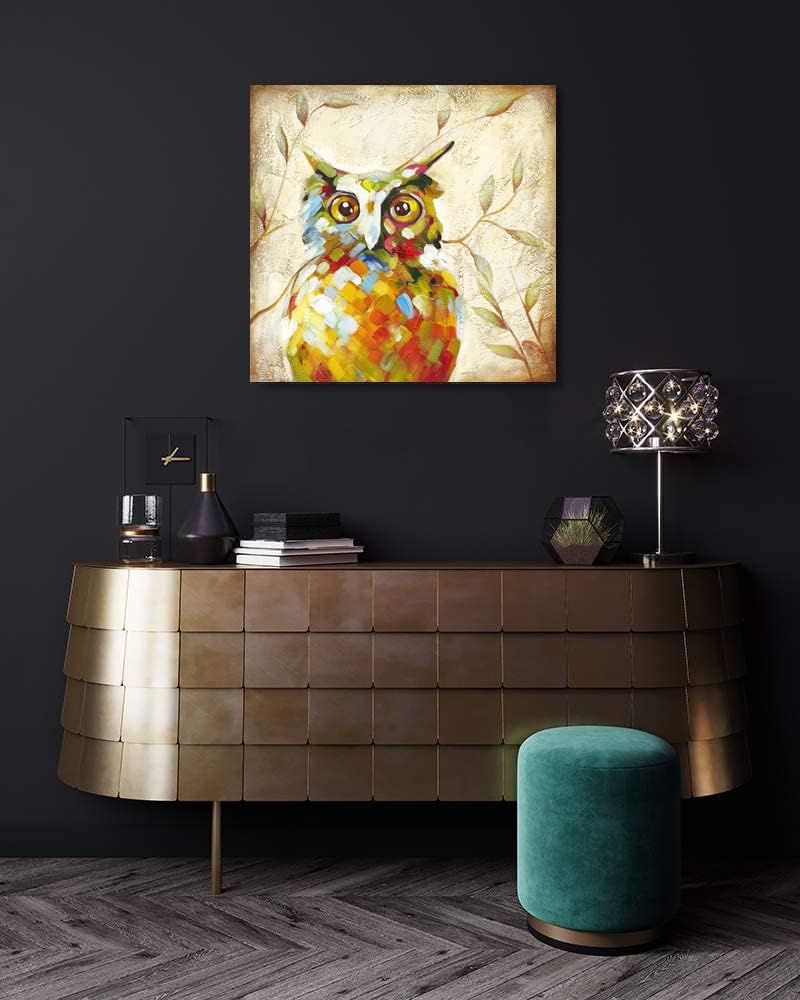 Animal Owl Paintings 100% Hand Painted Bird Artwork Prints for Living Room Bedroom Kid's Room Decoration Modern Wall Decor Ready to Hang 24x24 inch