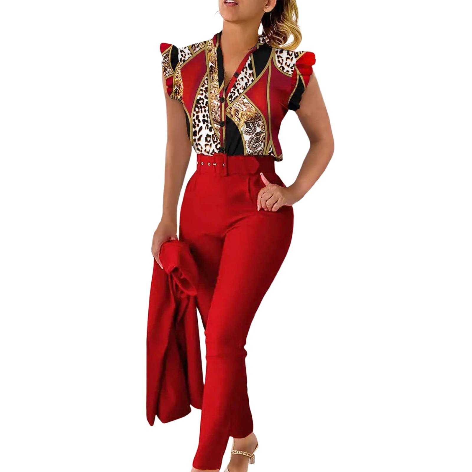 Two Piece Outfits For Women Plus Size Short Sleeve Button Shirts And Pants Outfits High Waisted Vacation Boho Summer Outfits