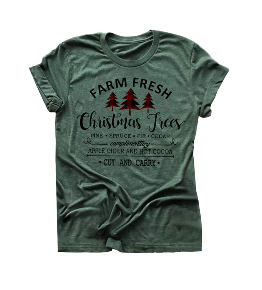 Chulianyouhuo Farm Fresh Christmas Trees Shirt Women Christmas Short Sleeve Holiday Tee Dark Green, Green, X-Large