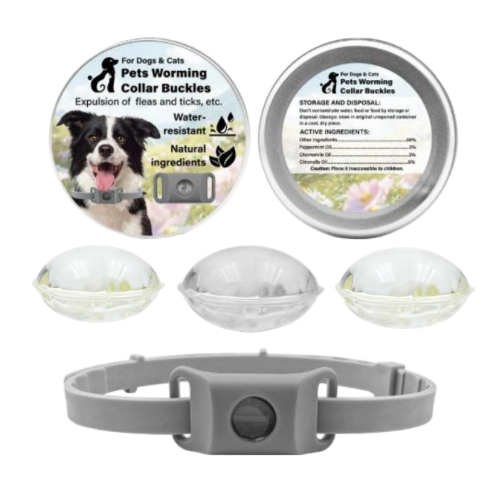 Collier anti puce chien naturel avec cachet réglable, finition grise élégante