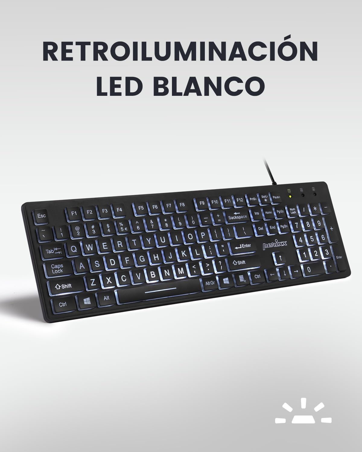 Perixx PERIBOARD-317ES ES un teclado con Cable y retroiluminado LED, Letras impresas en Grande con iluminación Blanca, Teclado Full Size, QWERTY Español