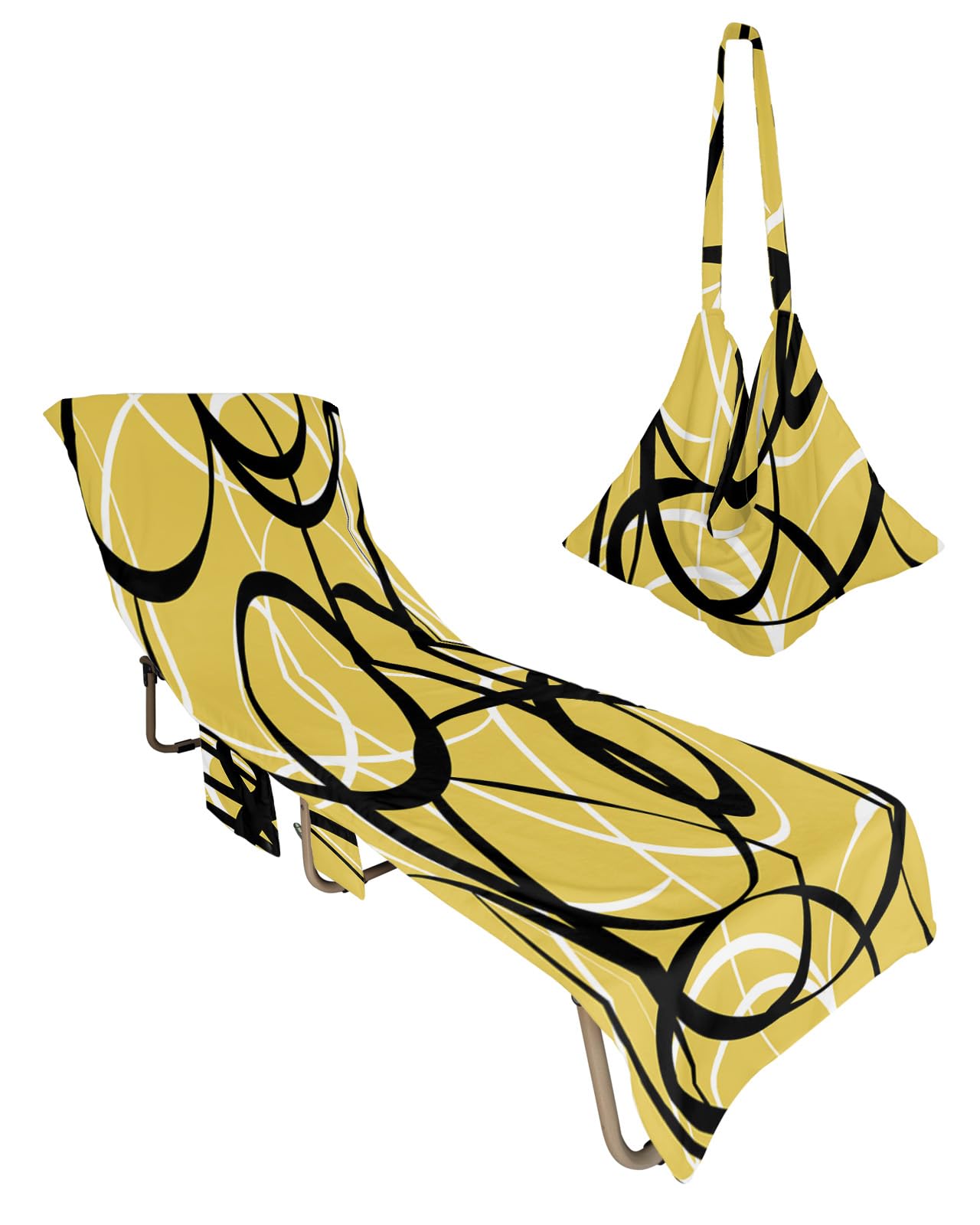 Black Yellow, Beach Lounge Chair Towel Cover, Soft Chaise Lounge Towel with Side Pockets Patio Pool Chairs Cover for Beach/Pool Sunbathing 29x85 Modern Abstract Minimalist Geometric White