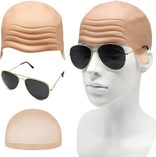 EUPSIIU Latex Glatze Maske, Glatzkopf Kappen Set Kahle Haut Dickes Erwachsene Latex Glatze Kappe Elastische Haarnetz Sonnenbrille Perücke Kappe Kostüm Halloween Zubehör Cosplay Hut (3PCS)