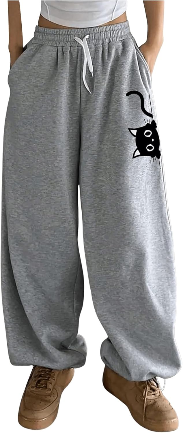 SOLY HUX Women's Plus Size Drawstring Waist Baggy Pants Wide Leg Cute Printed Sweatpants Streetwear