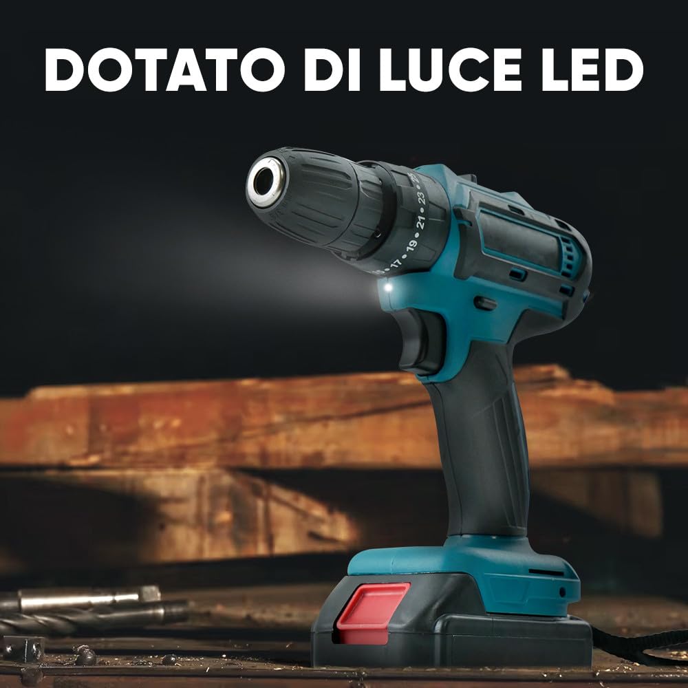 Mediawave Store - Trapano Avvitatore Professionale 21V Doppia Batteria Litio Ricaricabile Kit Utensili Completo Valigetta per Fai Da Te e Lavori
