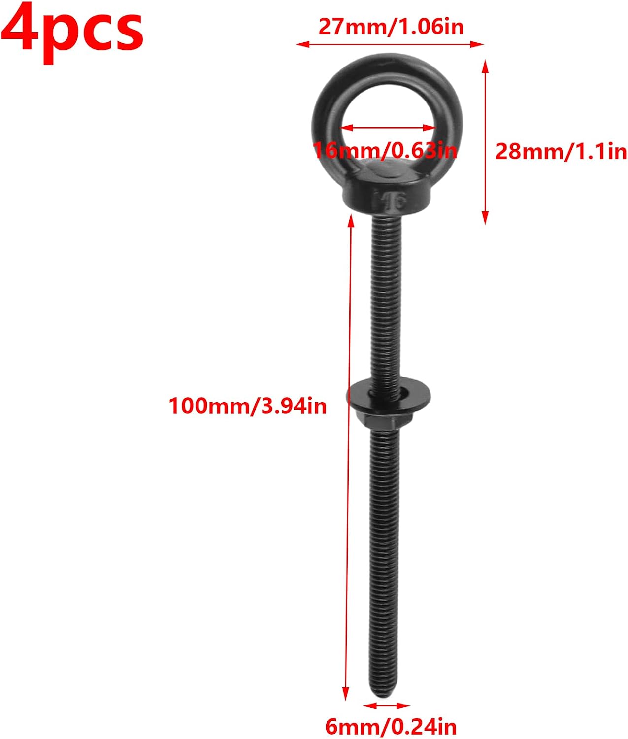 Antrader M6 Eye Bolt,M6 x 100mm Long Mechanical Eye Bolts,Black
