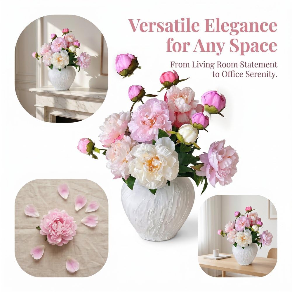 5 steli di fiori di peonia artificiali da 68 cm, fiori di peonia in seta sintetica rosa e bianca, rami floreali realistici con boccioli per composizioni in vaso, decorazioni per la casa, centrota