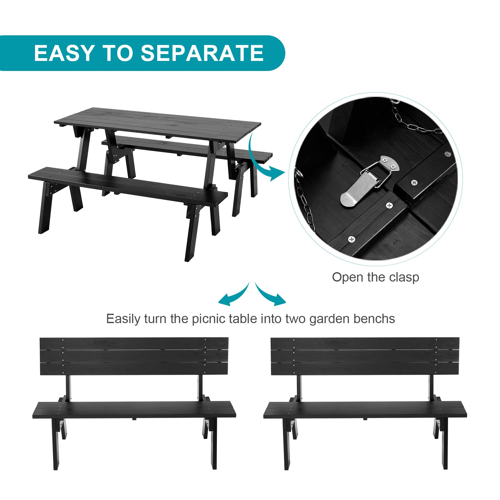 Set tavolo da picnic e panca in legno con telaio convertibile per 6 persone, perfetto per cortile, portico, patio e mobili da giardino