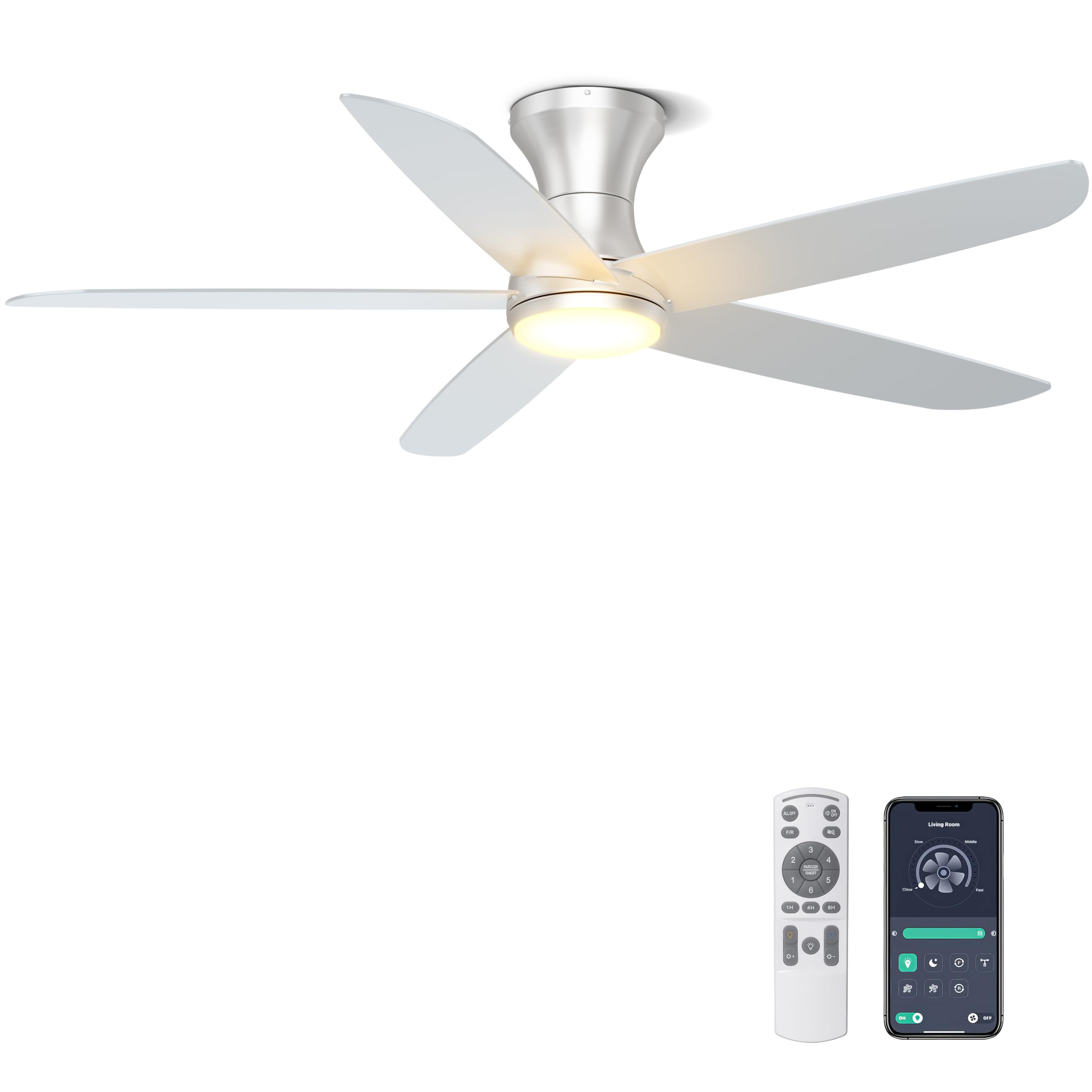 Ohniyou 46'' Ceiling Fans with Lights, Low Profile Ceiling Fan with Remote/APP Control - Dimmable, Quiet DC Motor, Modern Ceiling Fan for Bedroom Living Room, Silver