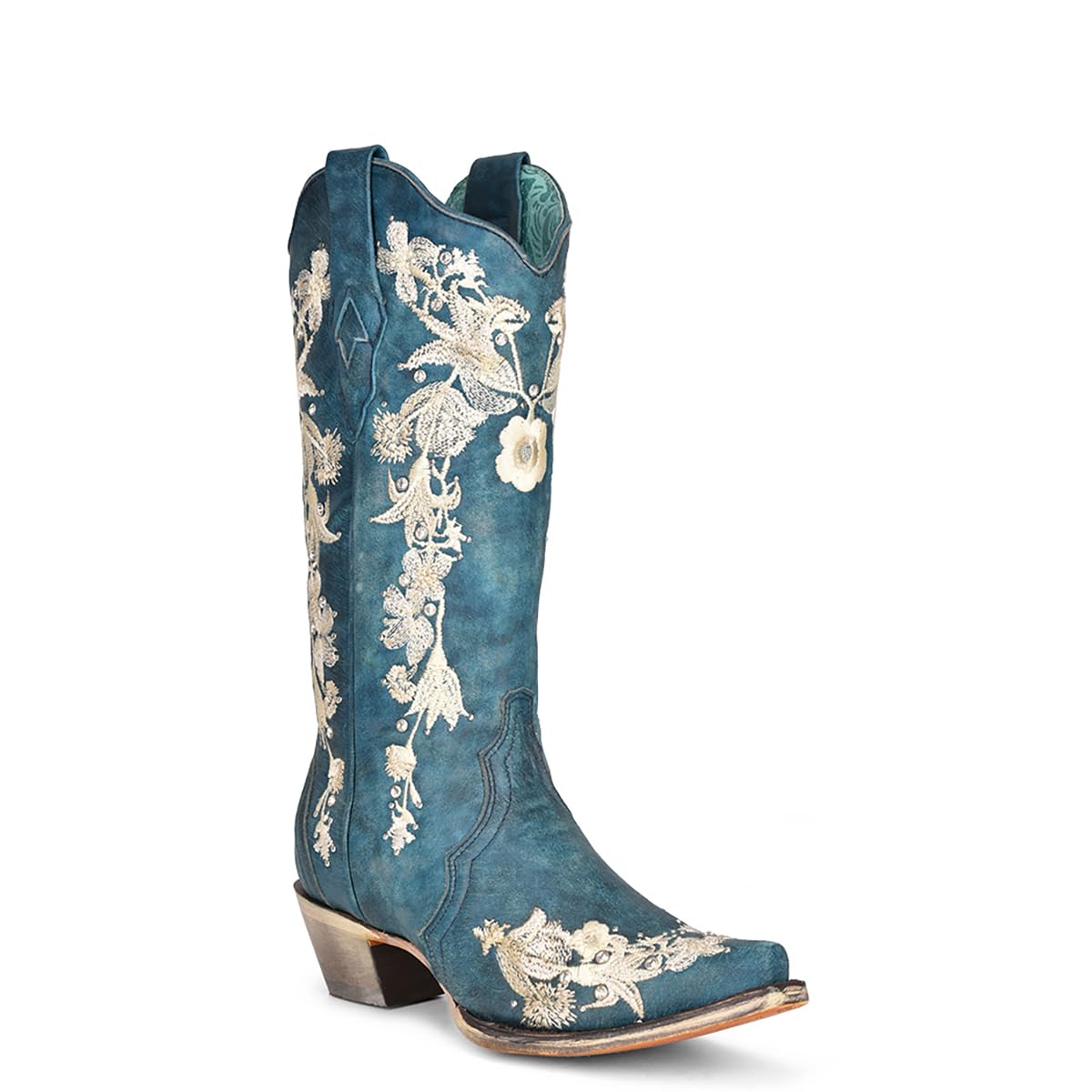 Corral Boots Women's Navy Blue Handcrafted Cowboy Boots | Snip Toe Western Boots with White Floral Embroidery and Crystals Design
