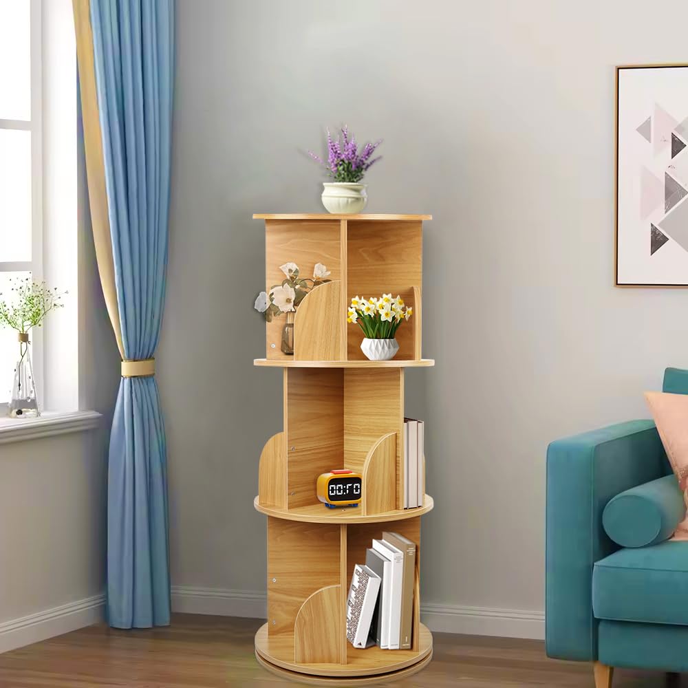 OHMG Biblioteca per bambini girevole a 360° a forma di foglia con 3/4 ripiani, ripiani per libri in legno con angoli arrotondati, libreria su base girevole per camera dei bambini e soggiorno (legno-40