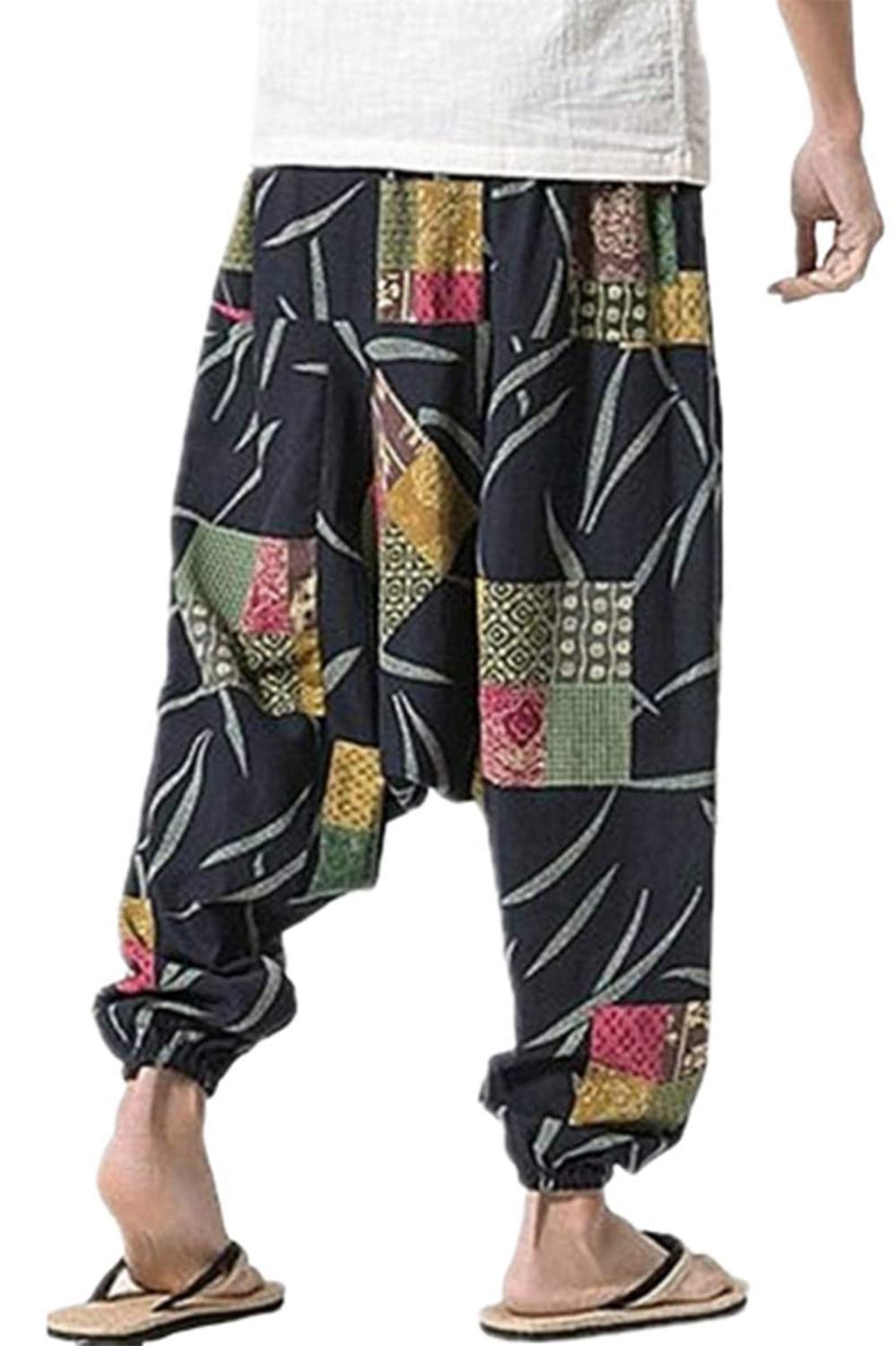 PERDONTOO Hommes Sarouel Confortable Taille Élastique Décontracté Hippies Pantalon