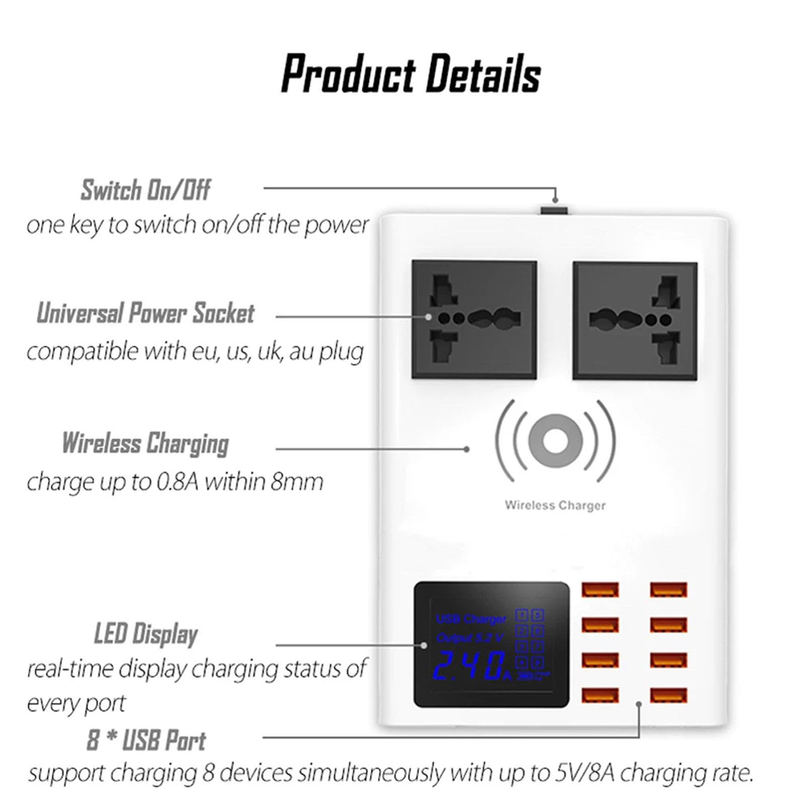 Chargeur Multi 8 Ports, Adaptateur de Charge Rapide 8A, HUB USB Domestique, Station de Charge sans Fil pour Smartphones, tablettes et appareils Photo