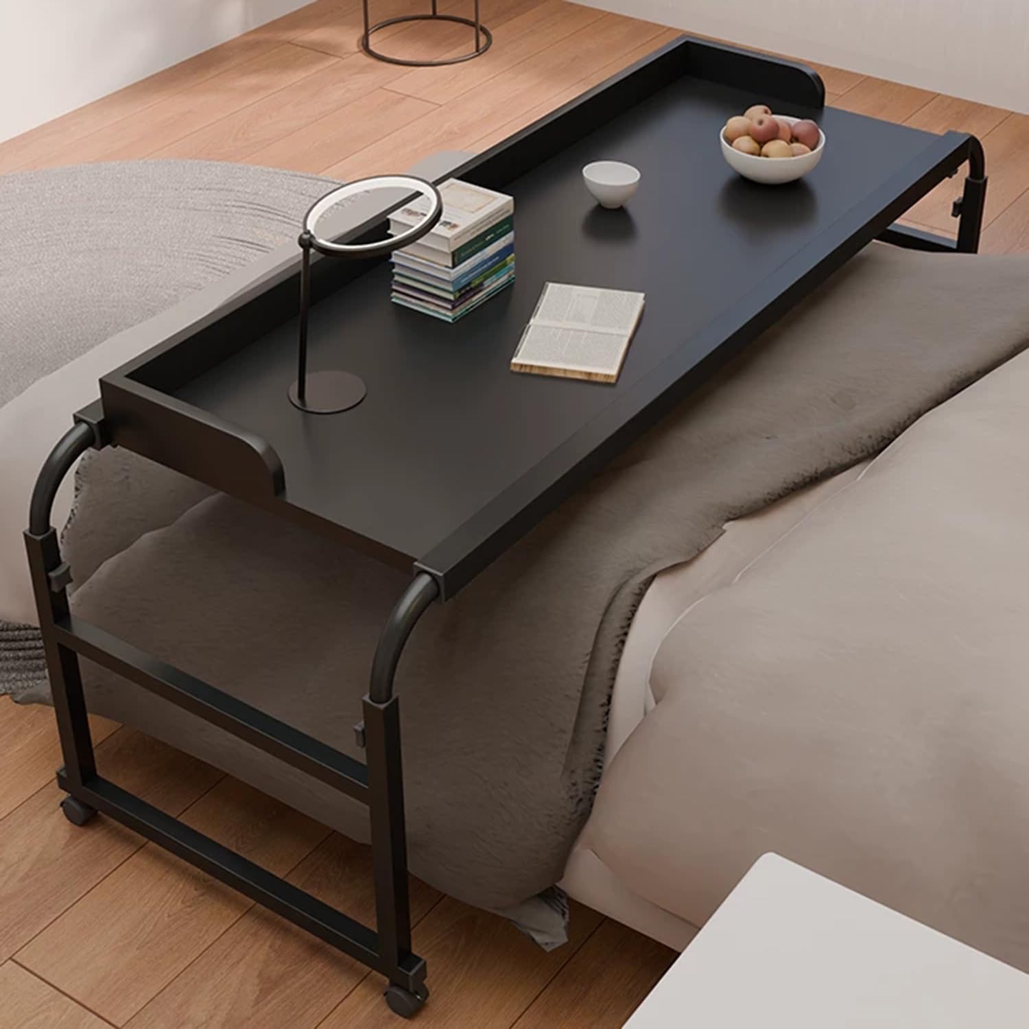 GXQFC Over The Bed Table with Wheels, Mobile Laptop Cart Computer Desk Width Adjustable 115-210cm Rolling Medical Table Height Adjustable 65-95cm for Laptop Work Medical(Color:Black)