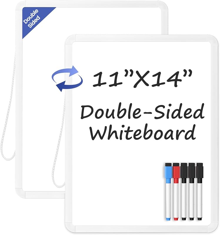 Small Wall White Board, 11" x 14" Mini Double-Sided Magnetic Dry Erase Board with Plastic Frame, Hanging Whiteboard with 5 Markers for Kids, Students, School, Kitchen, Home & Office