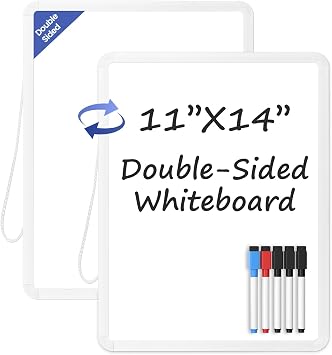 Small Wall White Board, 11" x 14" Mini Double-Sided Magnetic Dry Erase Board with Plastic Frame, Hanging Whiteboard with 5 Markers for Kids, Students, School, Kitchen, Home & Office