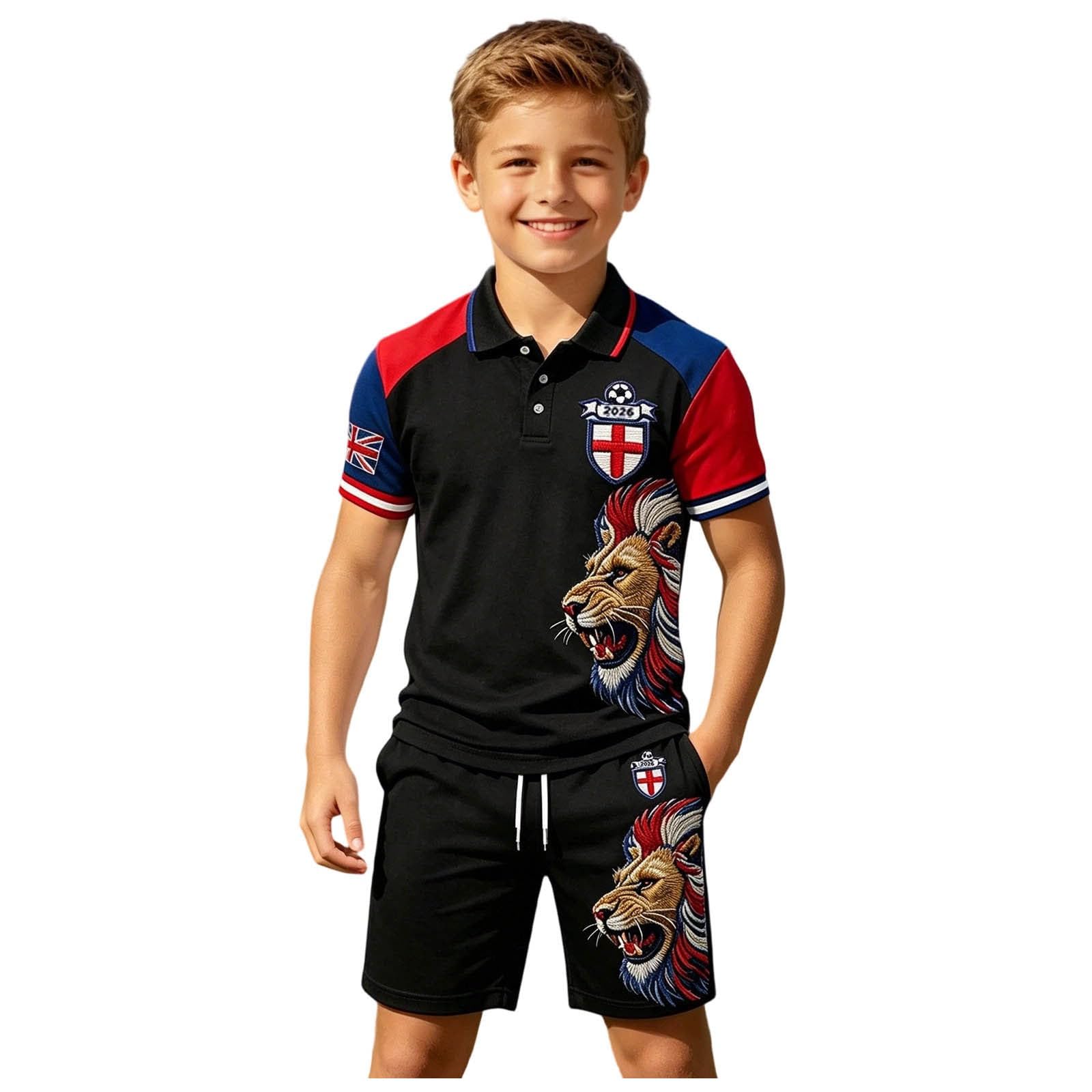 Kids England Football Shirt 2026 Boys Short Sleeve Collared Breathable Lightweight Polo Shirts Football Kit England Flag Print Athletic Shorts and T-Shirt Set Training Jersey (13-14 Years)