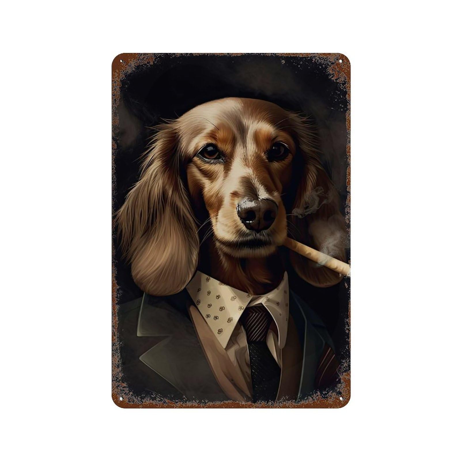 Cream Dachshund Gangster Rust Effect Tin Sign 11.8"x7.9", Ideal for Shed, Workshop And Garage Wall Decor