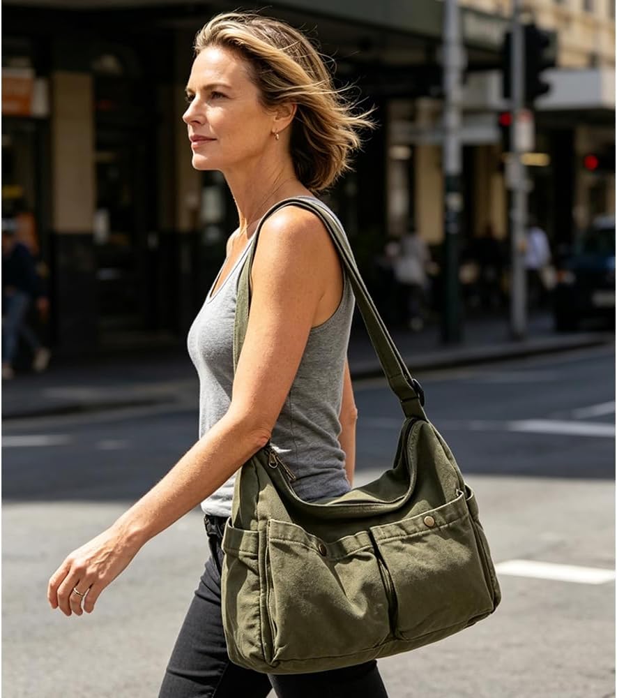 Canvas Messenger Bag for Women, Vintage Hobo Crossbody Shoulder Bag, Satchel Handbag with Multiple Pockets