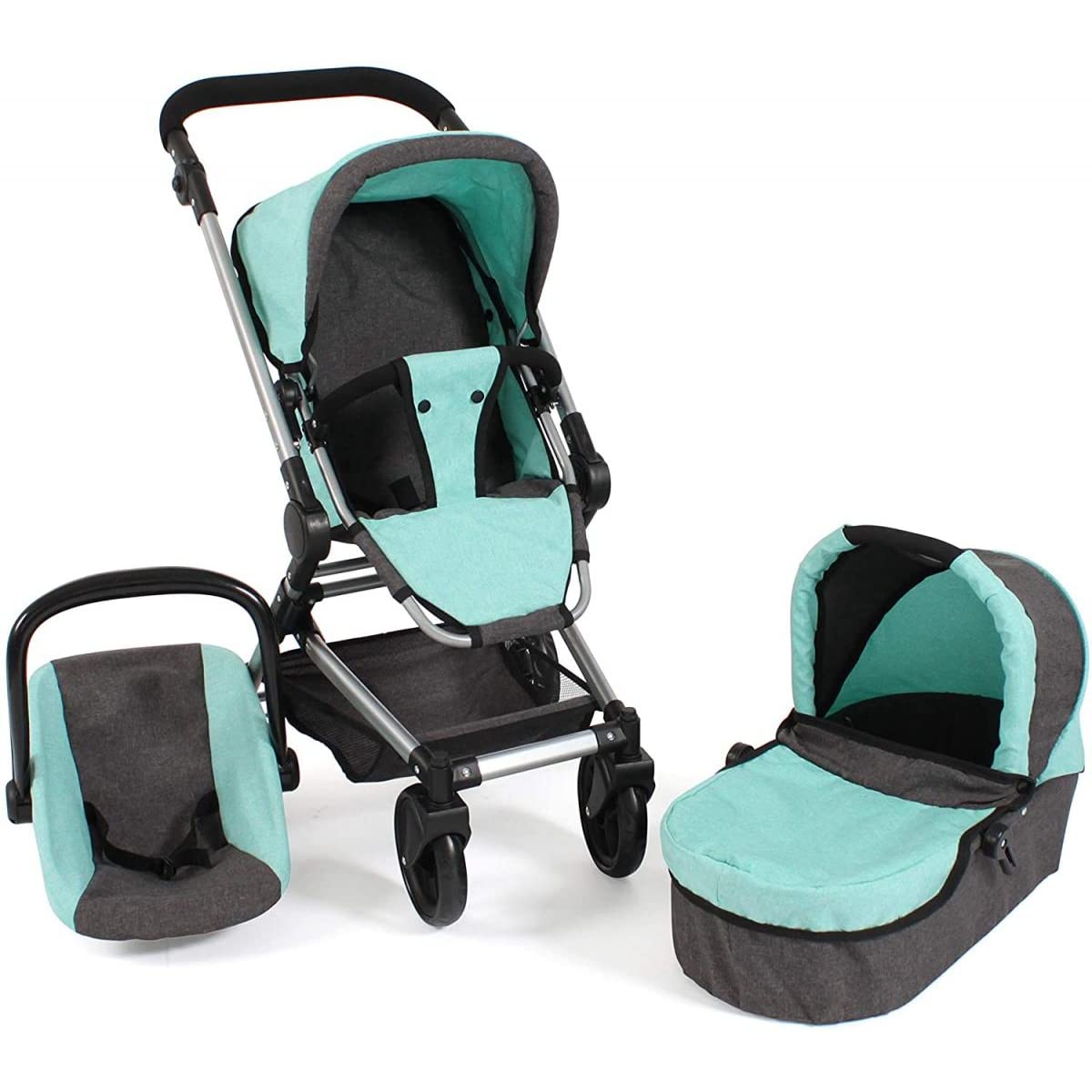 Bayer Chic 2000 Puppenwagen Fides, 3in1 Puppenwagen-Set bestehend aus Babywanne, Sportsitz und Autositz, 61 x 44,5 x 85 cm, Melange Anthrazit-Mint