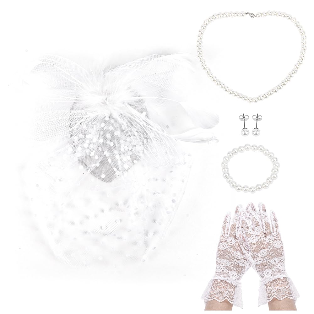 Fascinators Hats for Women Tea Party Netting Fascinator Headband for Women Girls Pearl Necklace Earring Bracelet Short Lace Gloves White, 5 Pack