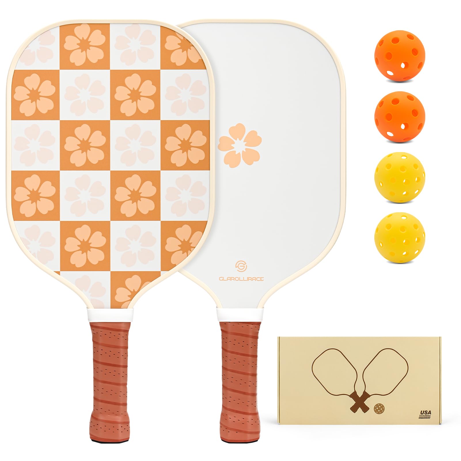 Set di 2 racchette da pickleball, set di 2 racchette da pickleball, superficie in fibra di vetro e nucleo a nido d'ape in PP da 13 mm, manico traspirante, 4 palline per interni ed esterni, 1 borsa