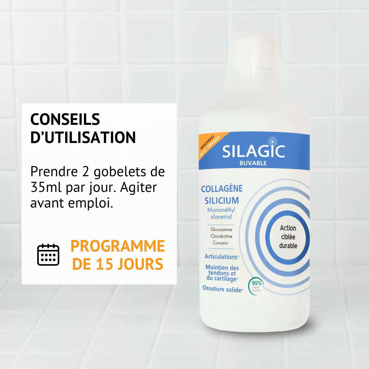 SILAGIC - Solution Buvable au Collagène & Silicium Organique - Avec Chondroïtine, Glucosamine & Curcuma - Articulations Sensibles - Confort Articulaire & Ossature Renforcée - Fabriqué en France - 1L