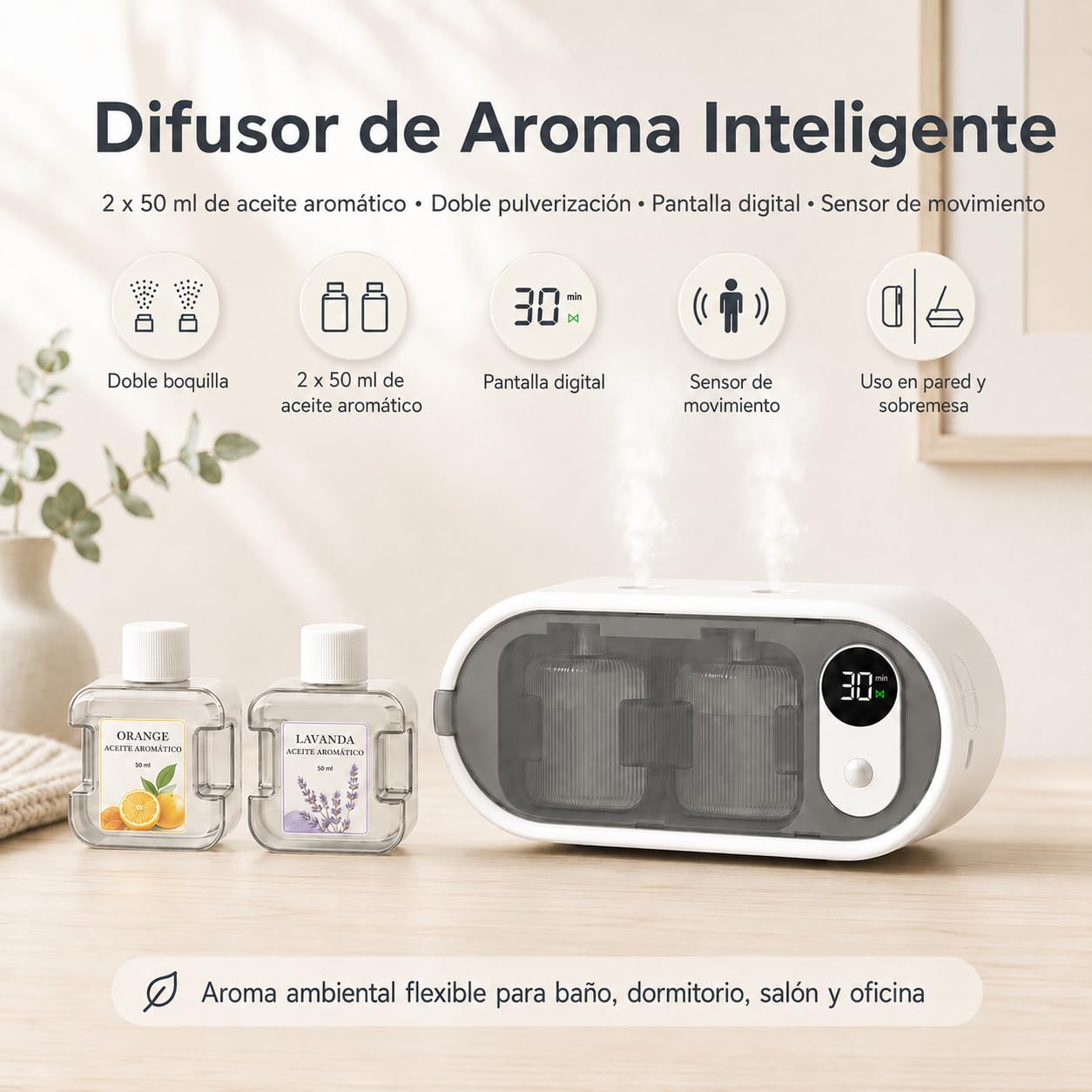 Sobremesa o Pared Difusor de Aceites Esenciales con Doble Boquilla, Sensor Movimiento, Temporizador, sin Agua, 100ml Hiltonn & Ocean Difusor de Aromas para Baño, Dormitorio y Salón