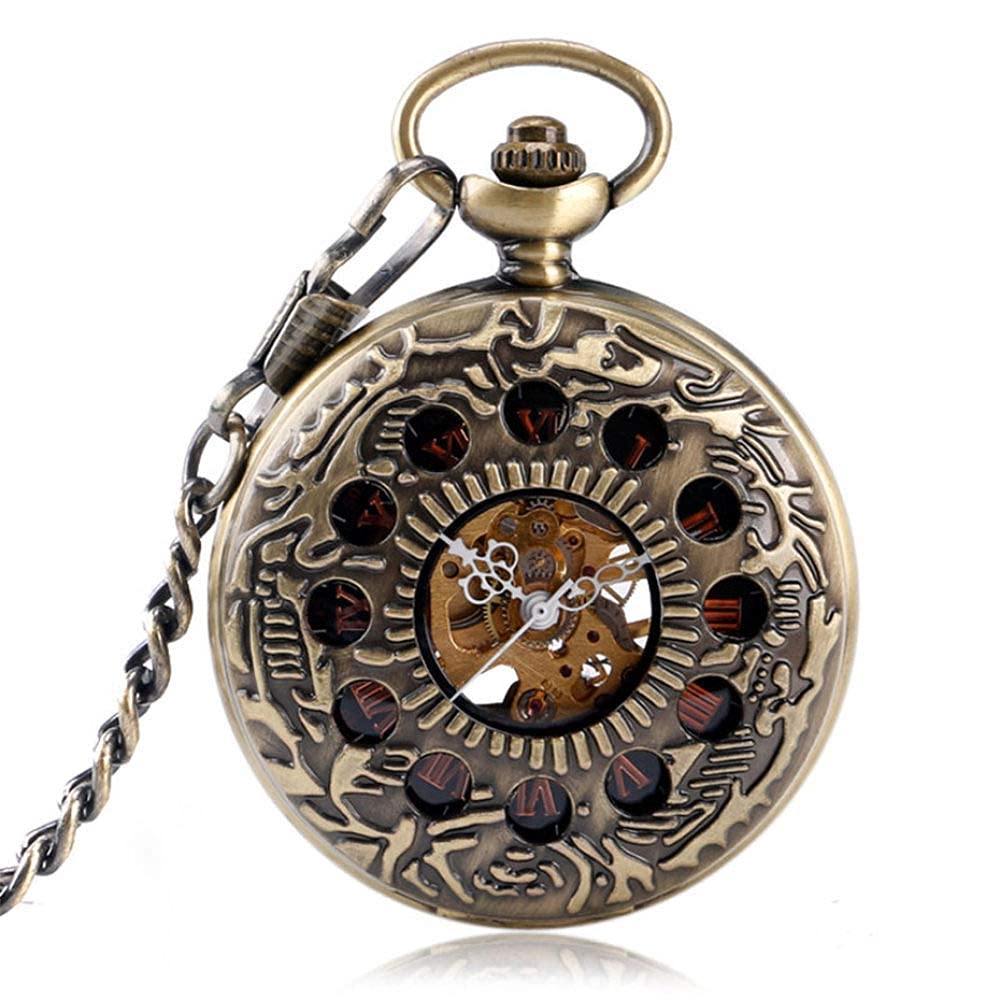 Reloj de bolsillo mecánico de bronce estilo hallow retro con números romanos unisex