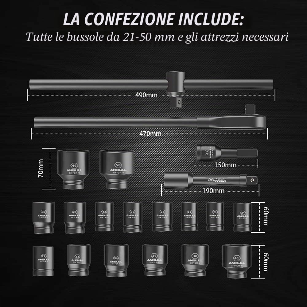 Anbull 21Pcs Set Bussole a Impatto, chiave a bussola 3/4 , 3/4 Pollici Set Chiavi a Bussola a 6 Punte (21-50mm) in acciaio Cr-V, Prese, Metriche