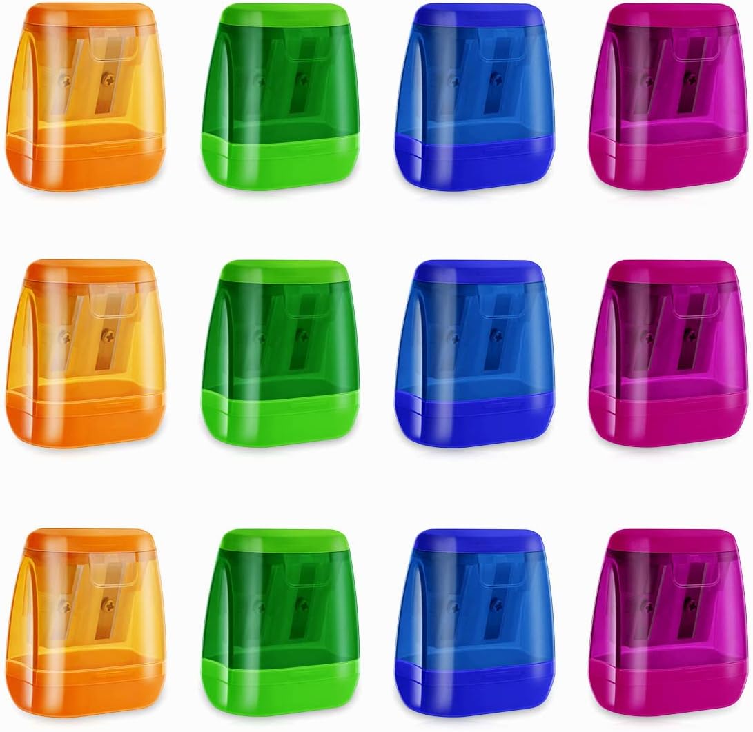 Yuntop 12 Pack Colored Manual Pencil Sharpeners Dual Holes with Shavings Container Lid for Kids Students Adults School Office Home