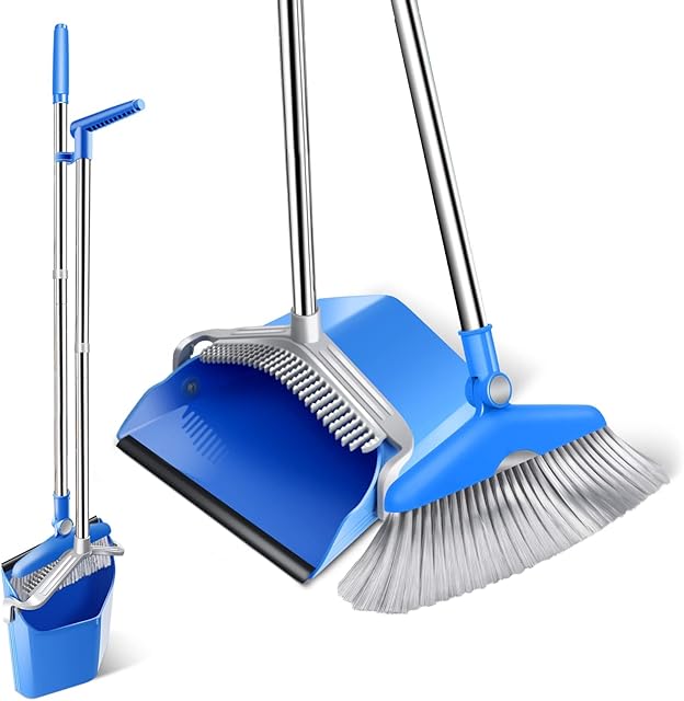 Long Handled Dustpan and Brush Sets, Broom and Dustpan Set with 132cm Handle, Tall Upright Dust Pan and 180° Rotating Sweeping Brush for Indoor Kitchen Home Lobby Cleaning, Myiosus