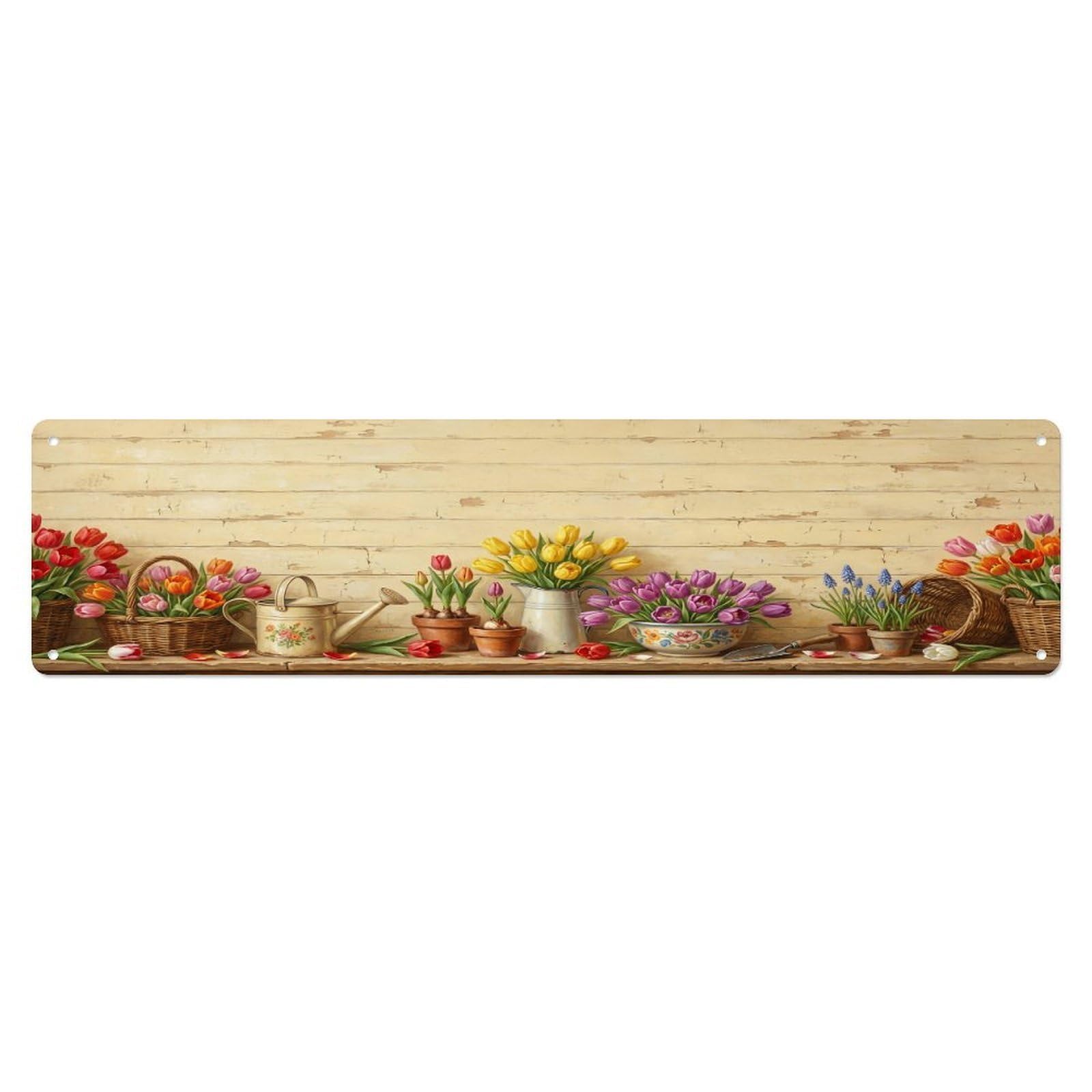 Floral Garden Tools Wicker Tulip Pattern Print Metal Tin Sign