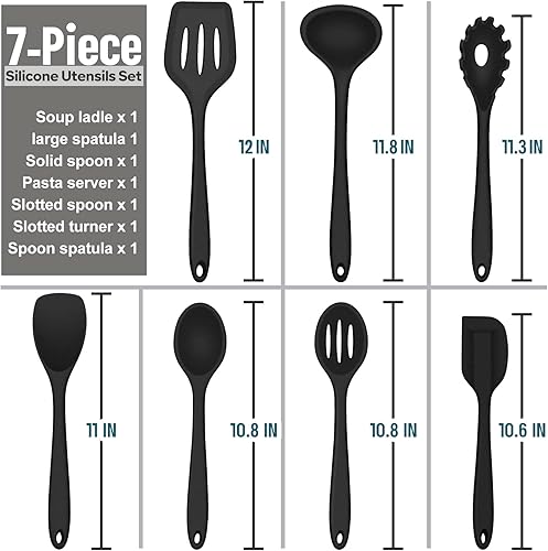 Miniatura 5 de E-far - Juego de utensilios de cocina de silicona, 7 piezas en color negro, utensilios de cocina resistentes al calor, utensilios de cocina